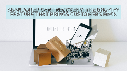 Mini shopping cart with smartphone, credit cards, and gift boxes on a laptop representing Shopify abandoned cart recovery for online fashion stores.
