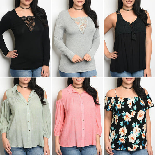 Plus-size women's tops collection featuring lace-trimmed V-neck long sleeves, sleeveless lace tops, and cold-shoulder button-up and floral blouses. Trendy and stylish fashion.