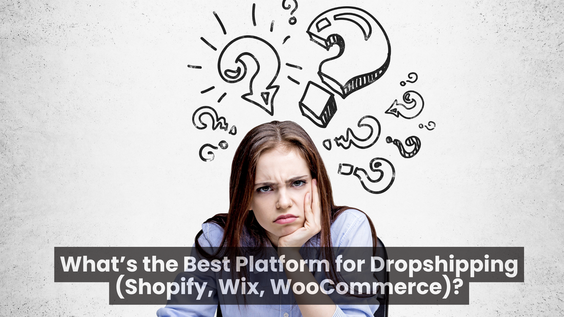 Confused woman with question marks above her head deciding between Shopify, Wix, and WooCommerce for dropshipping her fashion boutique