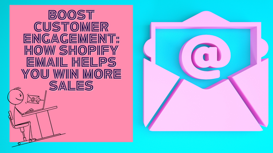 Illustration of a person at a desk with an email icon and large pink envelope featuring the @ symbol, promoting Shopify Email for boosting customer engagement and sales.