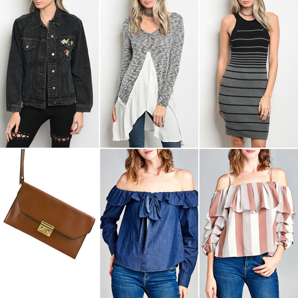Women's fashion collection featuring a denim jacket, knit sweater, striped dress, crossbody bag, and off-the-shoulder ruffled tops. Trendy and stylish apparel.