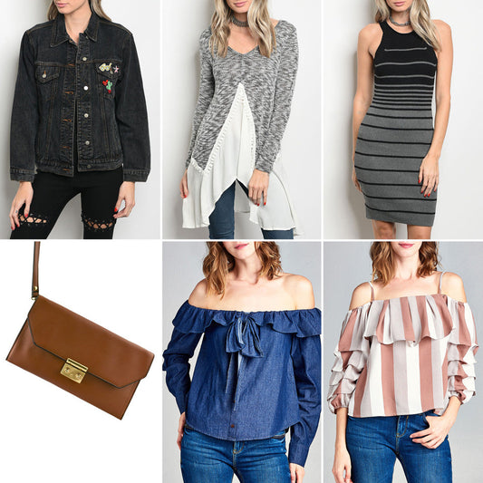 Women's fashion collection featuring a denim jacket, knit sweater, striped dress, crossbody bag, and off-the-shoulder ruffled tops. Trendy and stylish apparel.