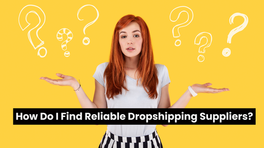 Confused woman surrounded by question marks on a bright yellow background, representing the question “How Do I Find Reliable Dropshipping Suppliers?” for fashion businesses.