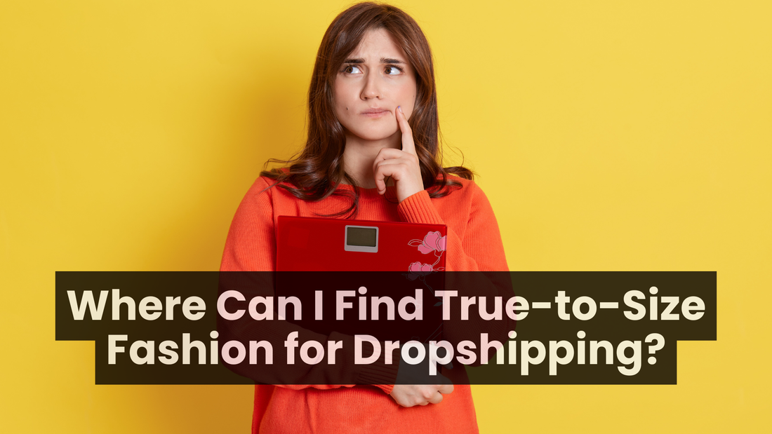 Woman holding a laptop and looking thoughtful with text overlay “Where Can I Find True-to-Size Fashion for Dropshipping?” on a yellow background, representing sizing reliability for Shopify boutiques.