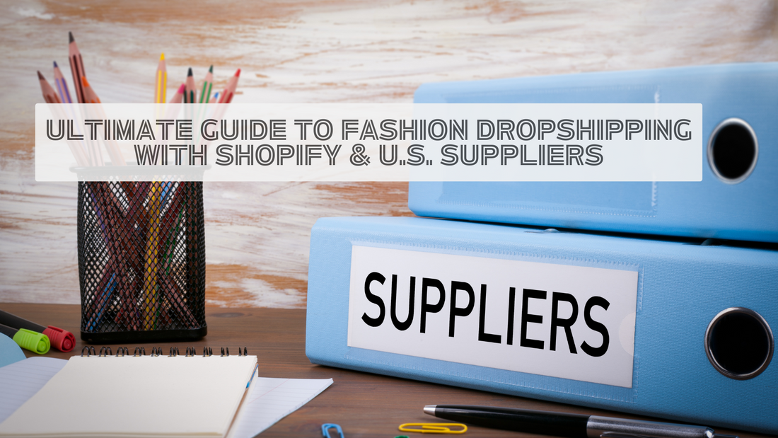 Blue binders labeled “Suppliers” on a desk with notebooks, pens, and pencils, representing the ultimate guide to fashion dropshipping with Shopify and U.S. suppliers.