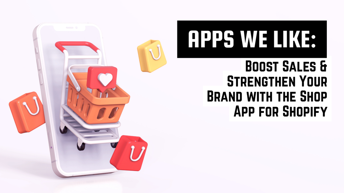 3D shopping cart emerging from a smartphone surrounded by colorful shopping bags, symbolizing the Shop App’s integration with Shopify to boost sales and brand visibility.
