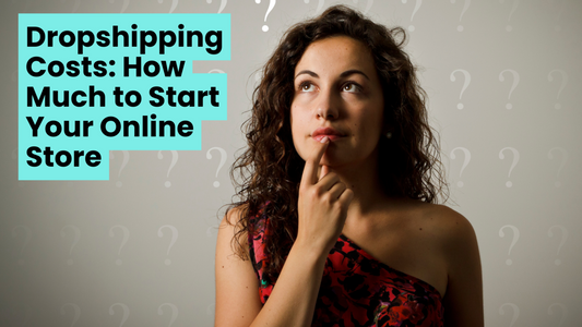 Woman thinking with question marks in background, representing dropshipping startup cost decisions