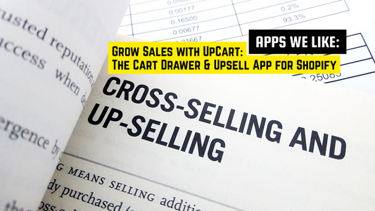 Open book showing cross-selling and up-selling with overlay text promoting UpCart, the cart drawer and upsell app for Shopify fashion stores
