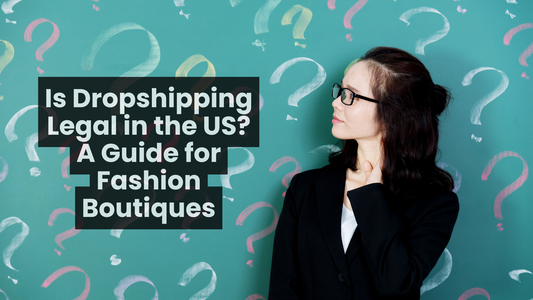 Businesswoman standing in front of a chalkboard with colorful question marks, representing confusion about dropshipping legality in the U.S. fashion industry.