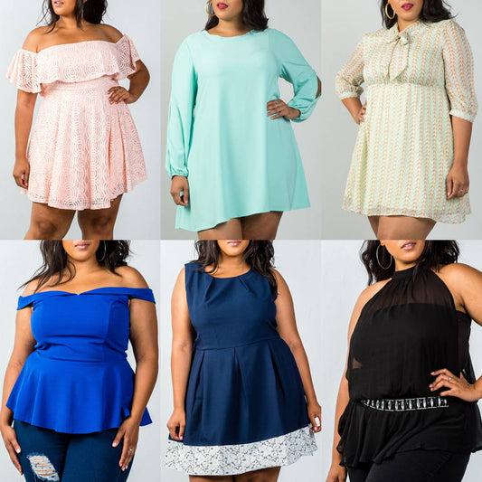 Plus-size women's fashion featuring stylish dresses and tops, including off-the-shoulder, peplum, and halter styles in various colors and designs. Trendy and flattering apparel.