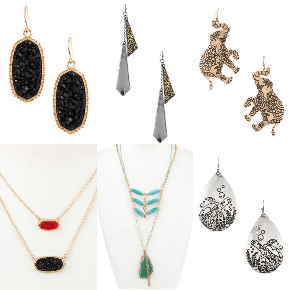 Stylish earrings and necklaces featuring stones, geometric designs, elephants, and ocean-themed accents. Trendy and unique fashion jewelry.
