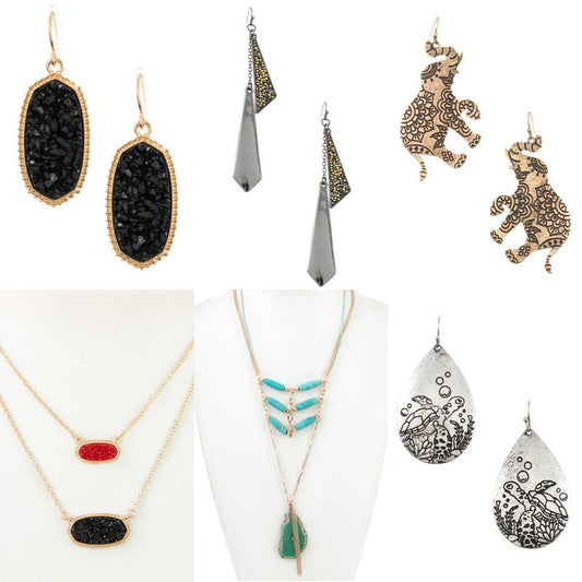 Stylish earrings and necklaces featuring stones, geometric designs, elephants, and ocean-themed accents. Trendy and unique fashion jewelry.